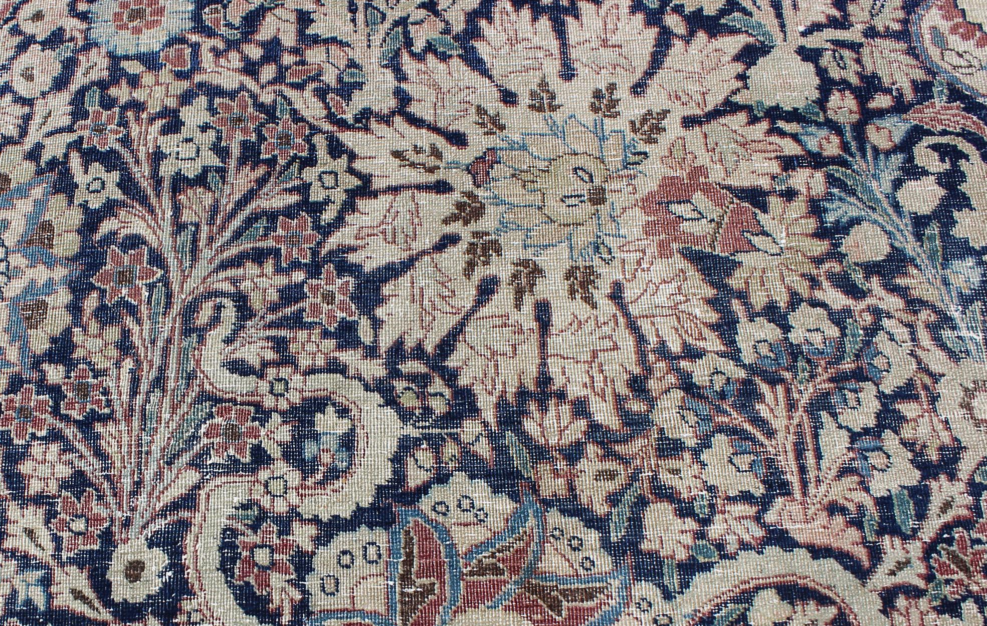 Navy Blue Antique Persian Fine Tabriz Rug with All-Over Large Scale Flowers  In Good Condition For Sale In Atlanta, GA