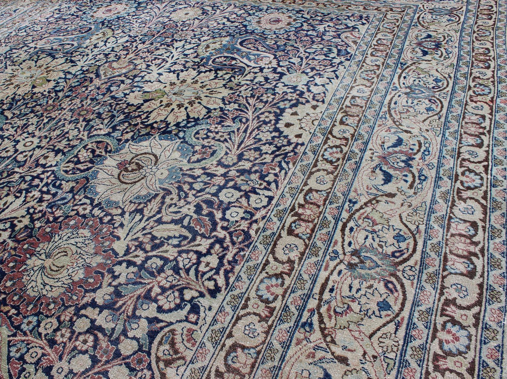 Wool Navy Blue Antique Persian Fine Tabriz Rug with All-Over Large Scale Flowers  For Sale