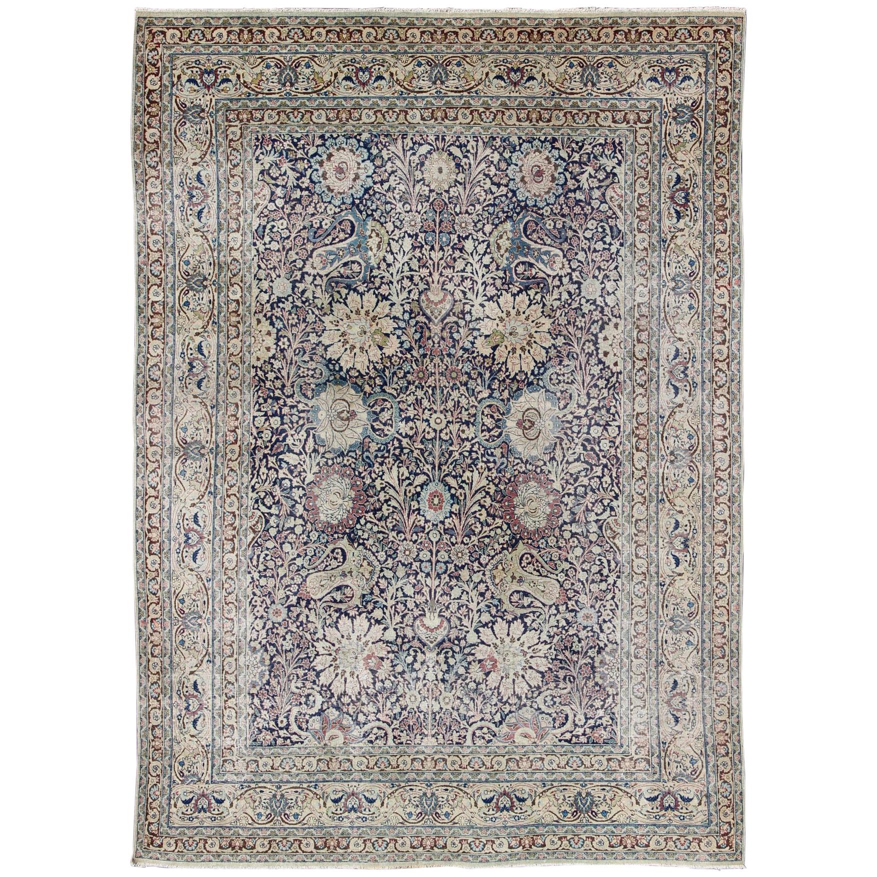 Navy Blue Antique Persian Fine Tabriz Rug with All-Over Large Scale Flowers 