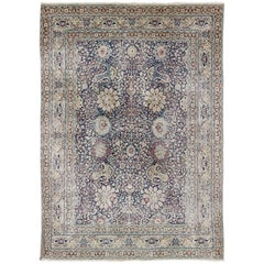 Navy Blue Antique Persian Fine Tabriz Rug with All-Over Large Scale Flowers 