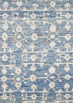 Blue and Ivory Contemporary Handmade Wool Turkish Oushak Rug