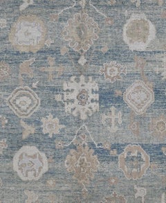 Blue and Ivory Contemporary Handmade Wool Turkish Oushak Rug