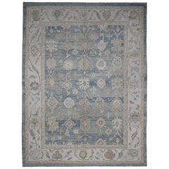 Blue and Ivory Contemporary Handmade Wool Turkish Oushak Rug