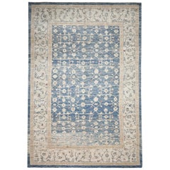 Blue and Ivory Contemporary Handmade Wool Turkish Oushak Rug