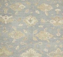 Blue and Ivory Contemporary Handmade Wool Turkish Oushak Rug Square Large Size