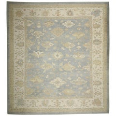 Blue and Ivory Contemporary Handmade Wool Turkish Oushak Rug Square Large Size