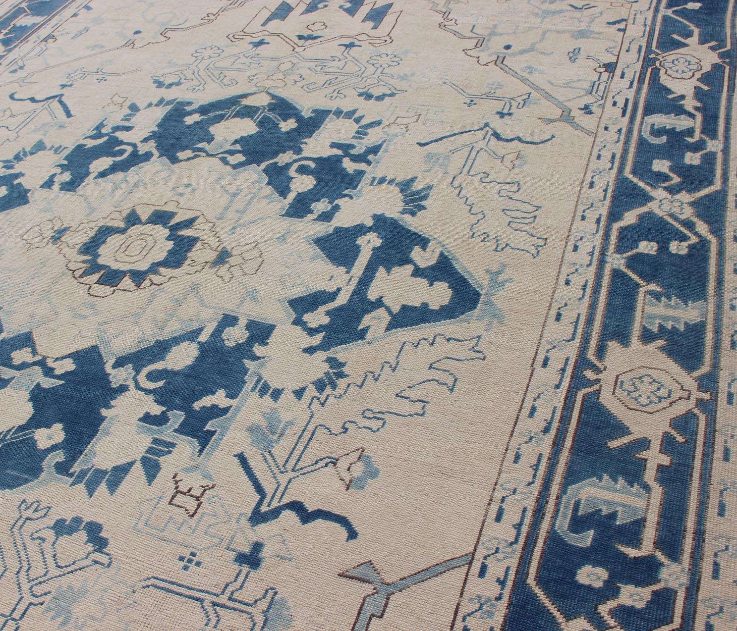 Blue and Ivory Geometric Design Vintage Turkish Rug with Blossoming Medallion For Sale 3