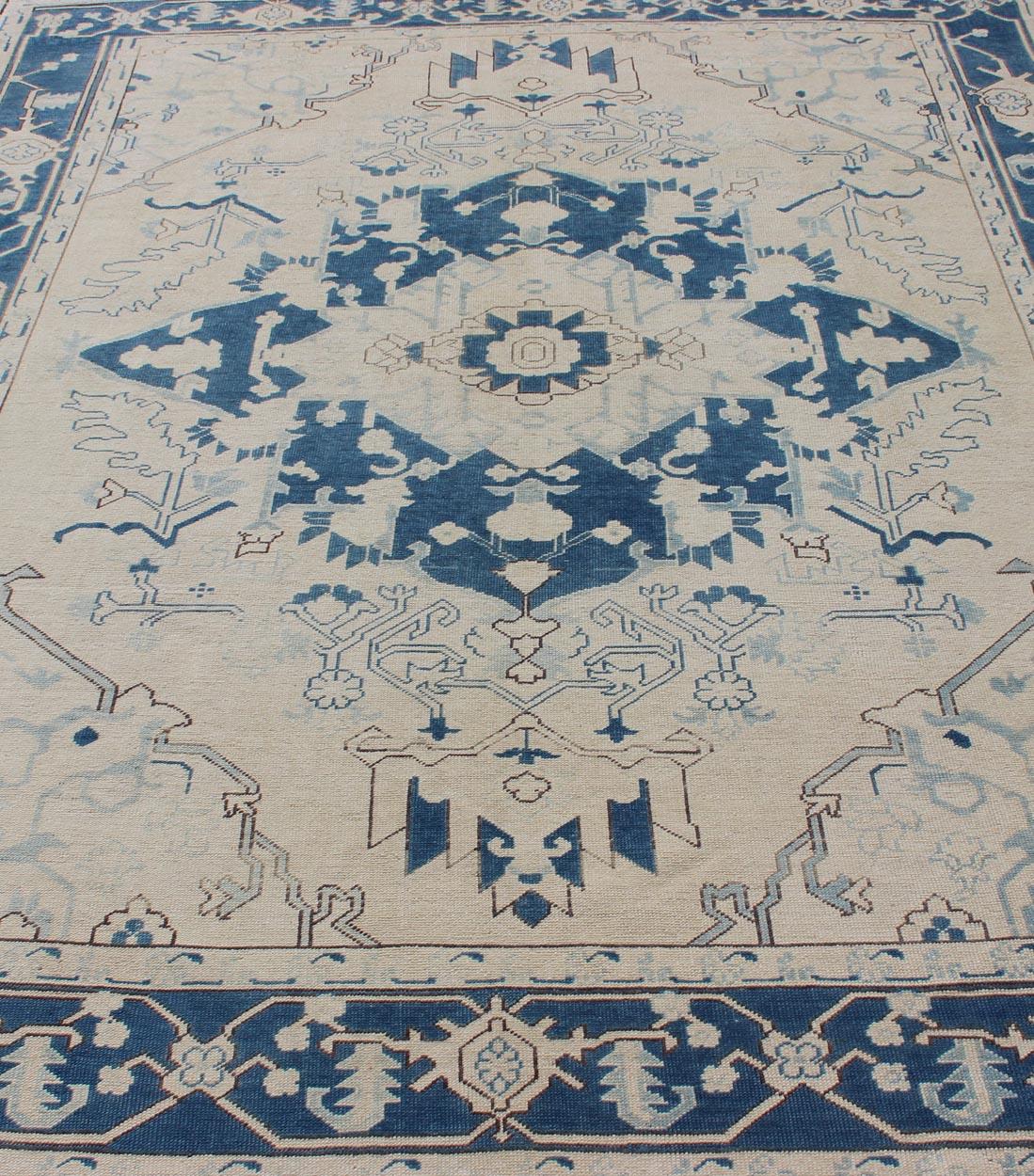 Blue and Ivory Geometric Design Vintage Turkish Rug with Blossoming Medallion For Sale 4