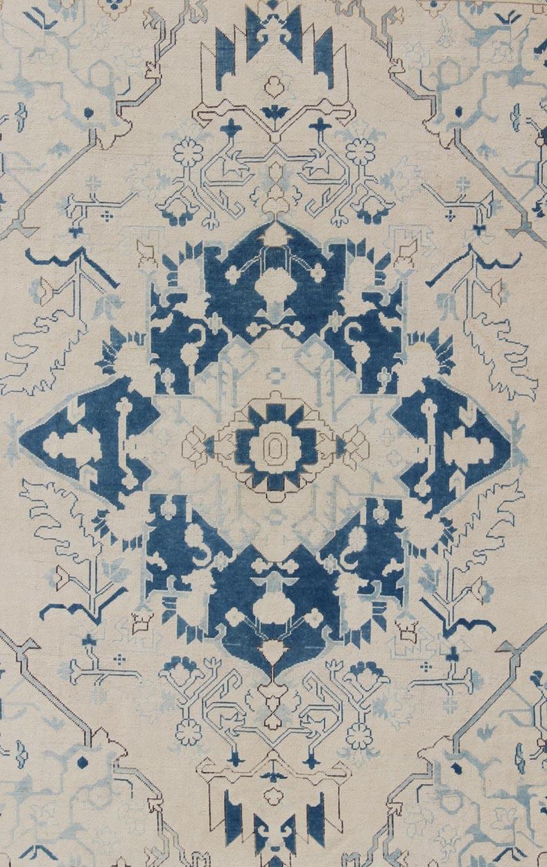 Oushak Blue and Ivory Geometric Design Vintage Turkish Rug with Blossoming Medallion For Sale