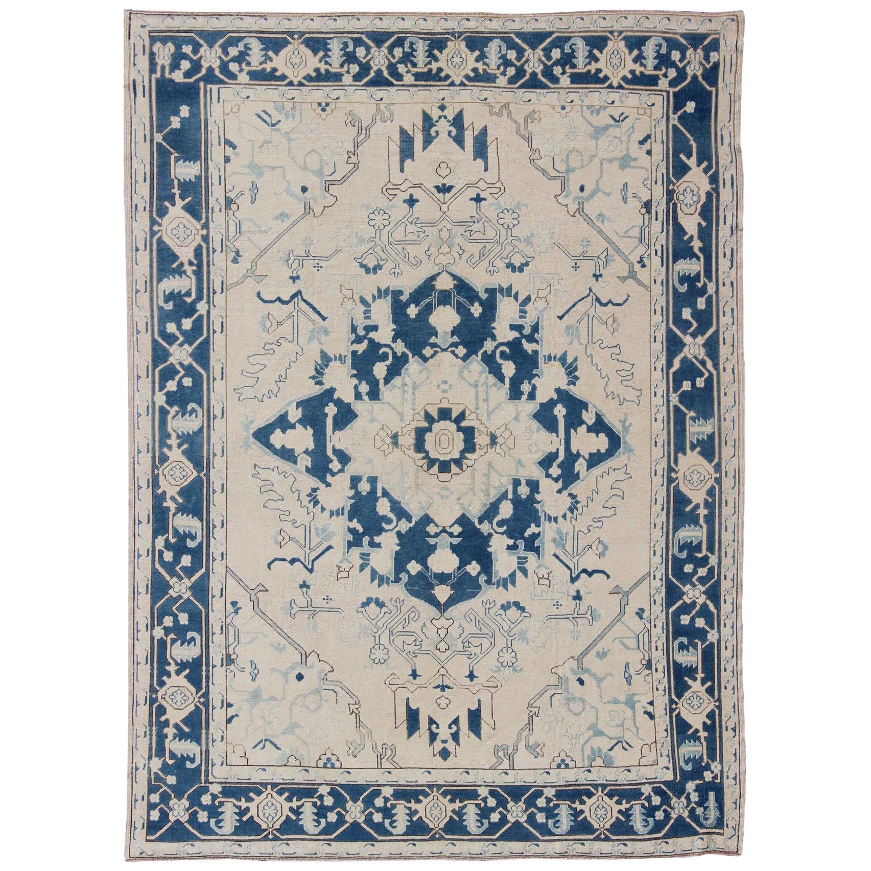 Blue and Ivory Geometric Design Vintage Turkish Rug with Blossoming Medallion