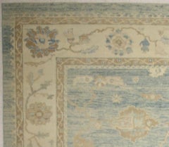 Blue and Ivory Handmade Wool Turkish Oushak Rug