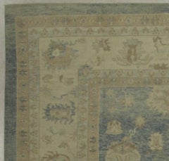 Blue and Ivory Handmade Wool Turkish Oushak Rug