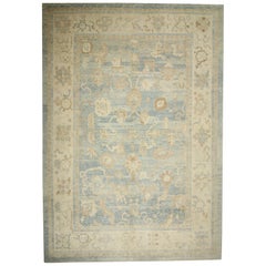 Blue and Ivory Handmade Wool Turkish Oushak Rug