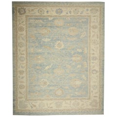 Blue and Ivory Handmade Wool Turkish Oushak Rug
