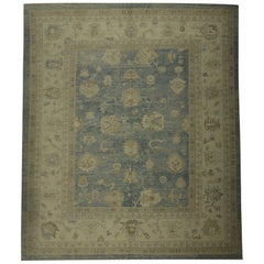 Blue and Ivory Handmade Wool Turkish Oushak Rug