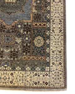 Blue and Ivory Mamluk-Style Hand-Knotted Geometric Carpet, 3x5, Wool