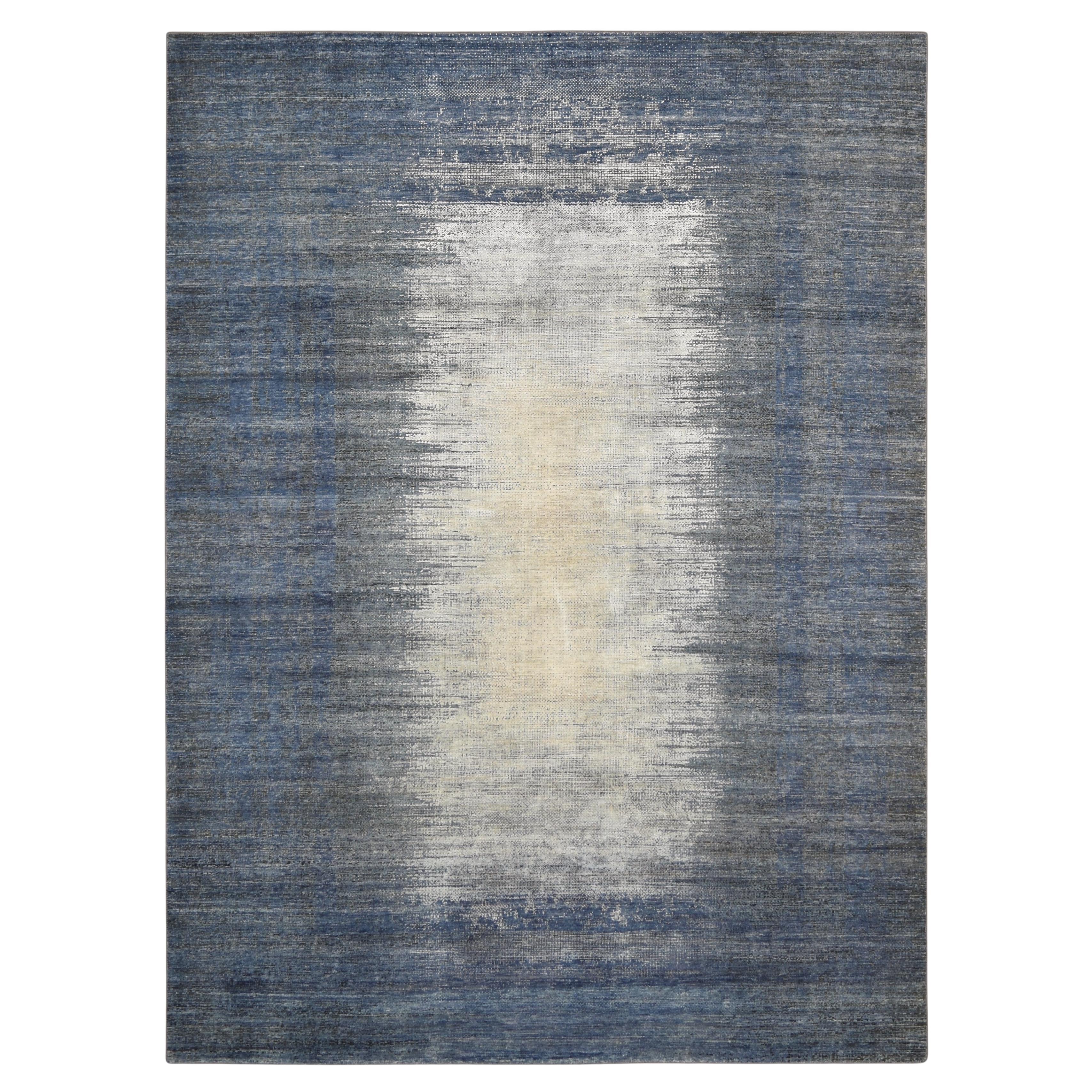 Blauer und elfenbeinfarbener Ombre Distressed Gradient Designed Woll-Seidenteppich 8'10''x12'1''