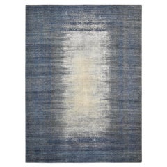 Blue and Ivory Ombre Distressed Gradient Designed Wool Silk Rug 8'10''x12'1''