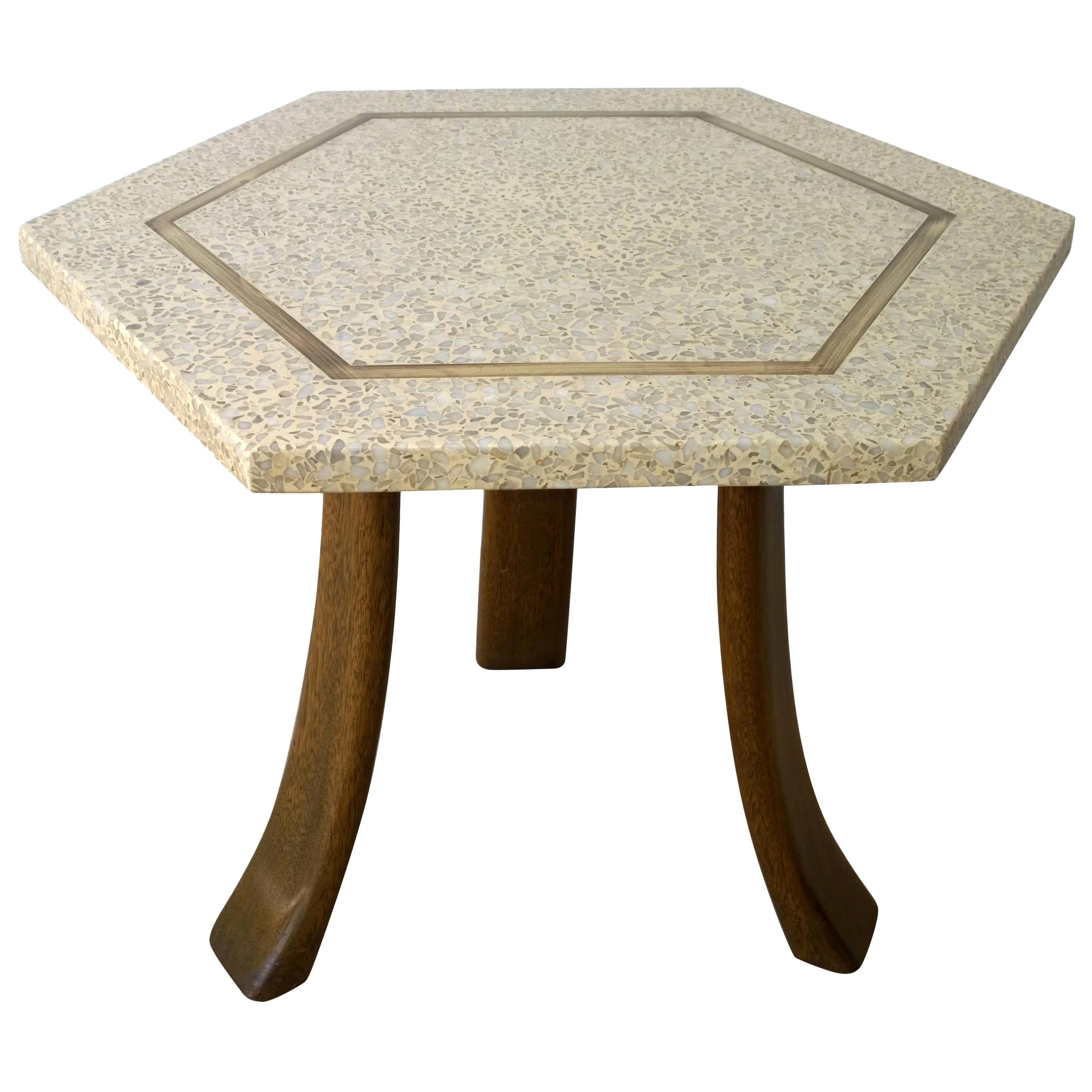 Blue and Ivory Terrazzo with Inlaid Brass Top & Mahogany Tripod Legs Side Table For Sale