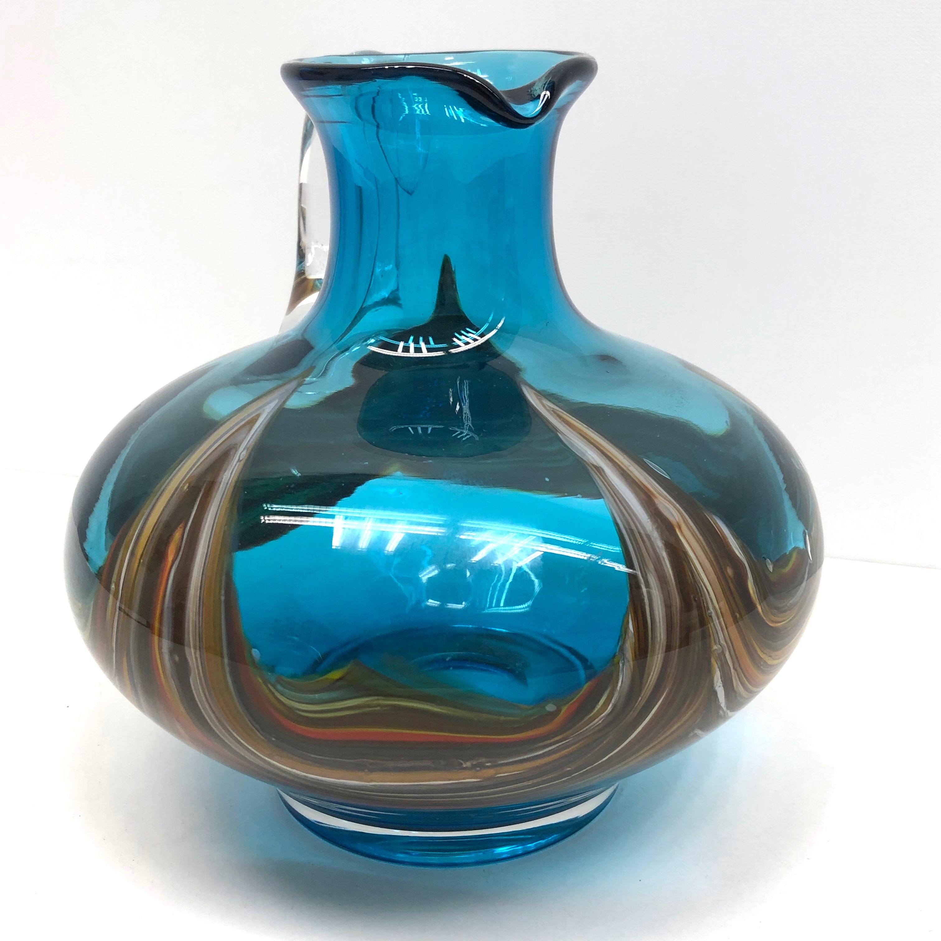 Hand-Crafted Blue and Multi Color Swirl Glass Murano Venetian Vase, Italy, 1970s