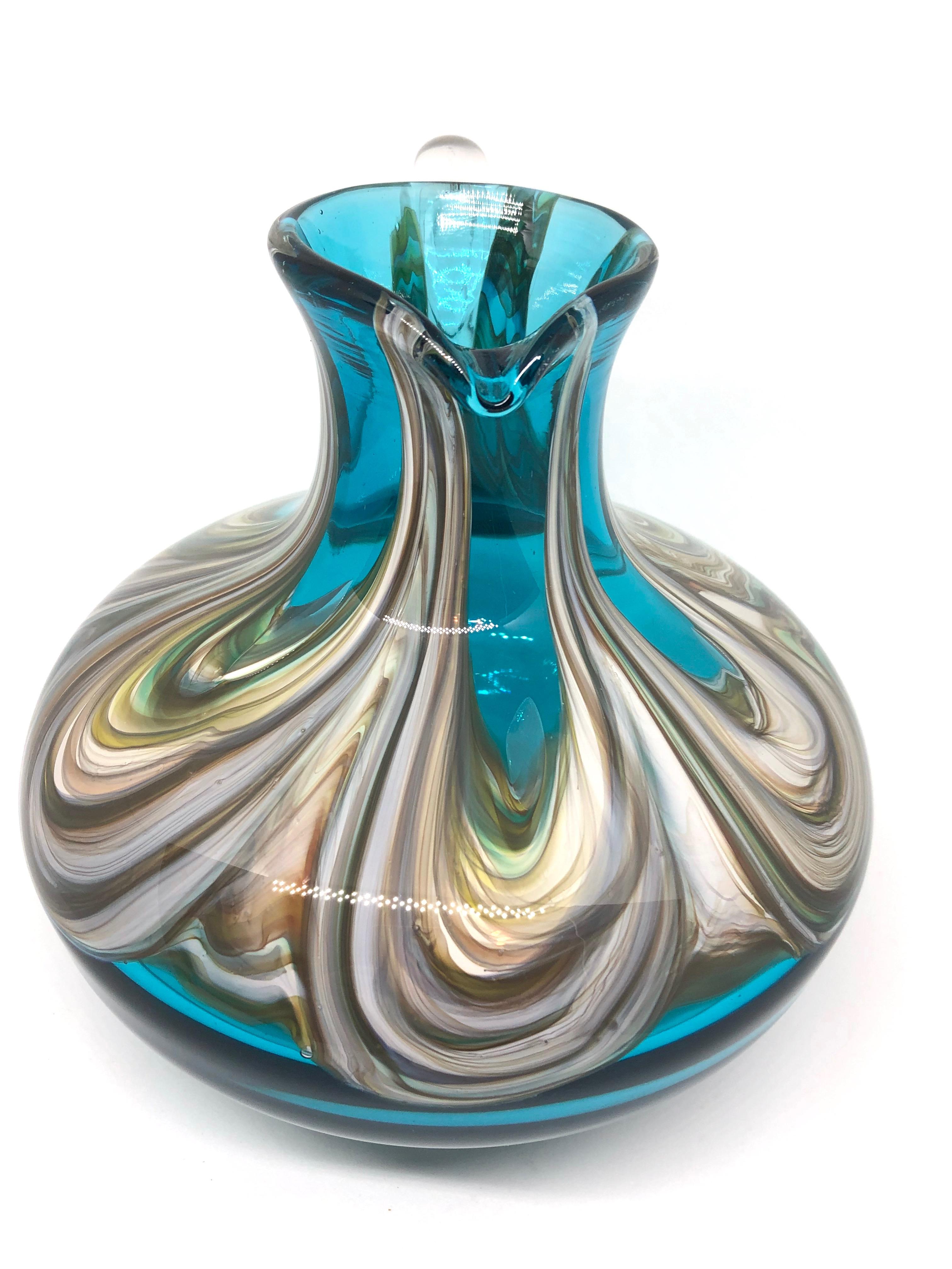 Hand-Crafted Blue and Multi-Color Swirl Glass Murano Venetian Vase, Italy, 1970s