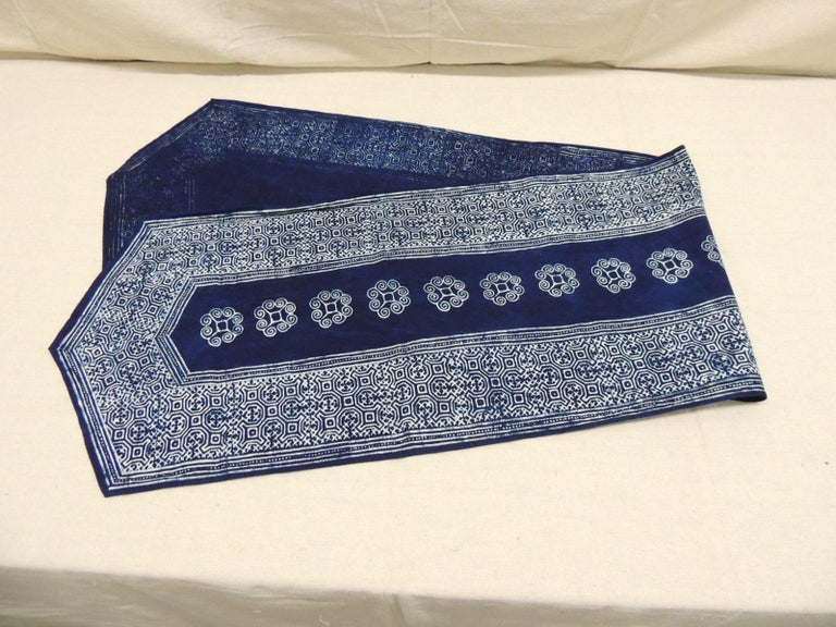 Blue and Natural Handblocked Ikat Vintage Table Runner For Sale at 1stDibs