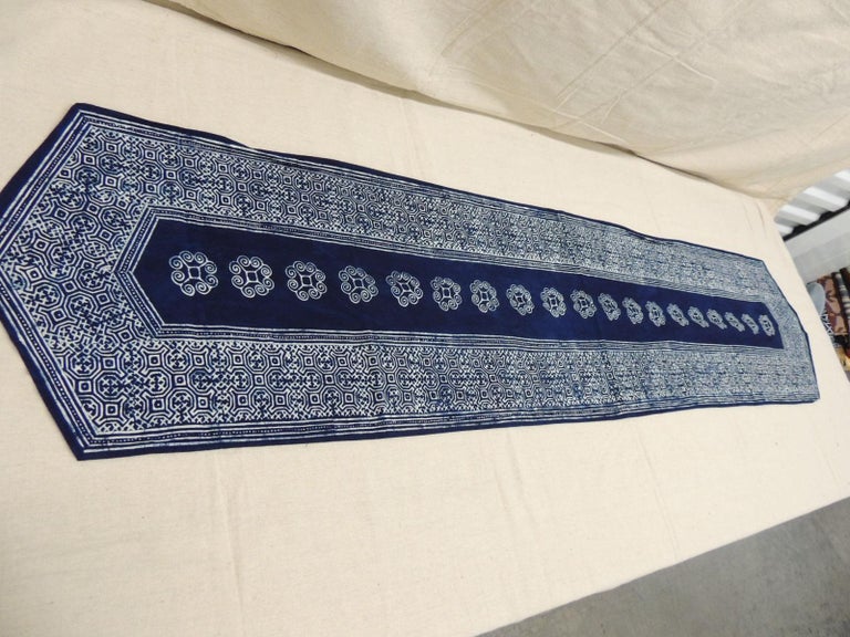 Blue and Natural Handblocked Ikat Vintage Table Runner For Sale at 1stDibs