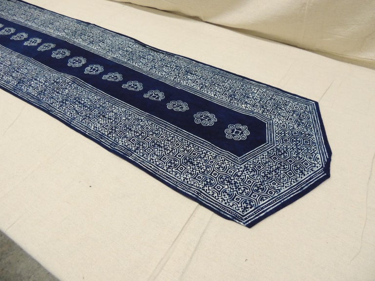 Blue and Natural Handblocked Ikat Vintage Table Runner For Sale at 1stDibs