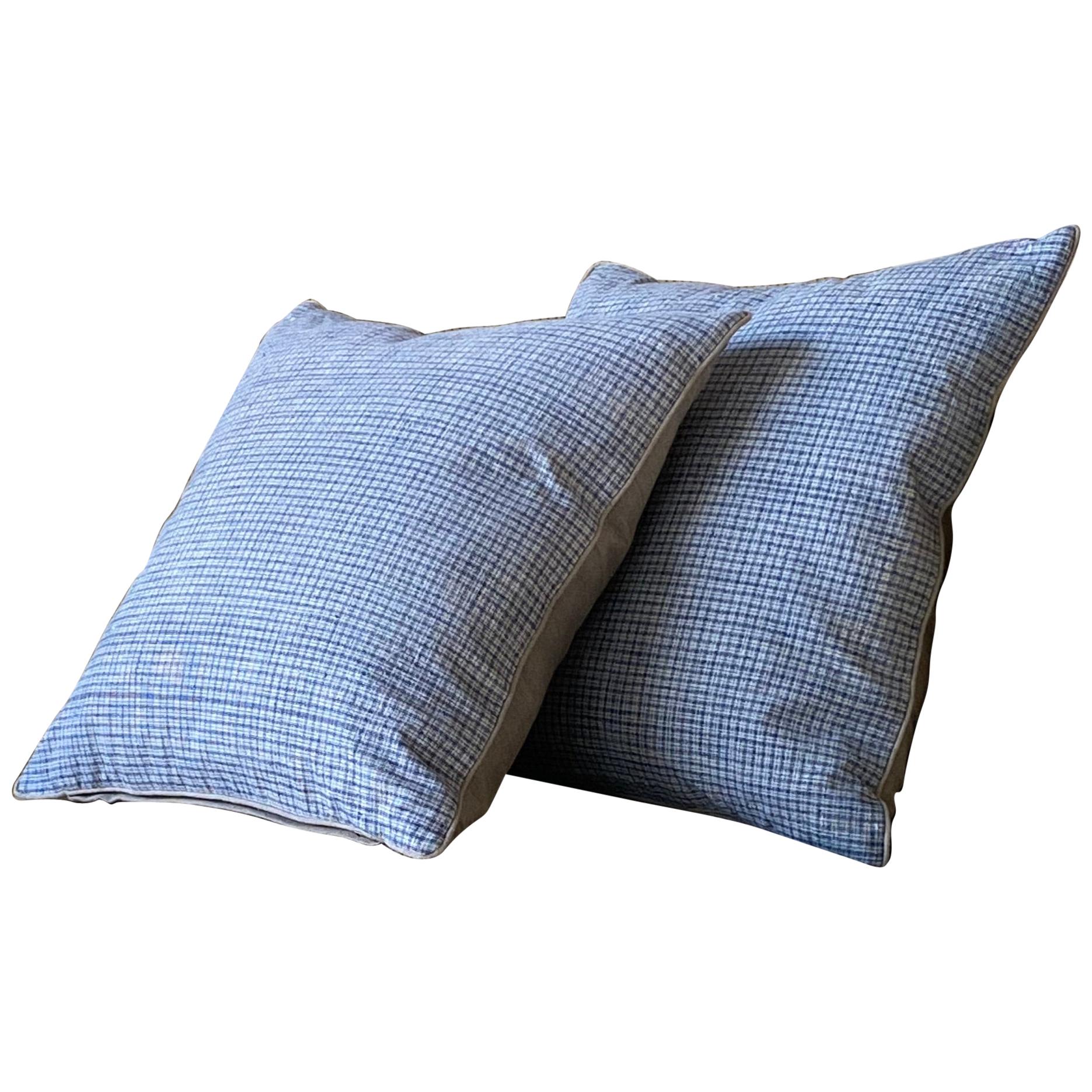 Blue and Natural Ticking Pillow Made from Antique Textiles