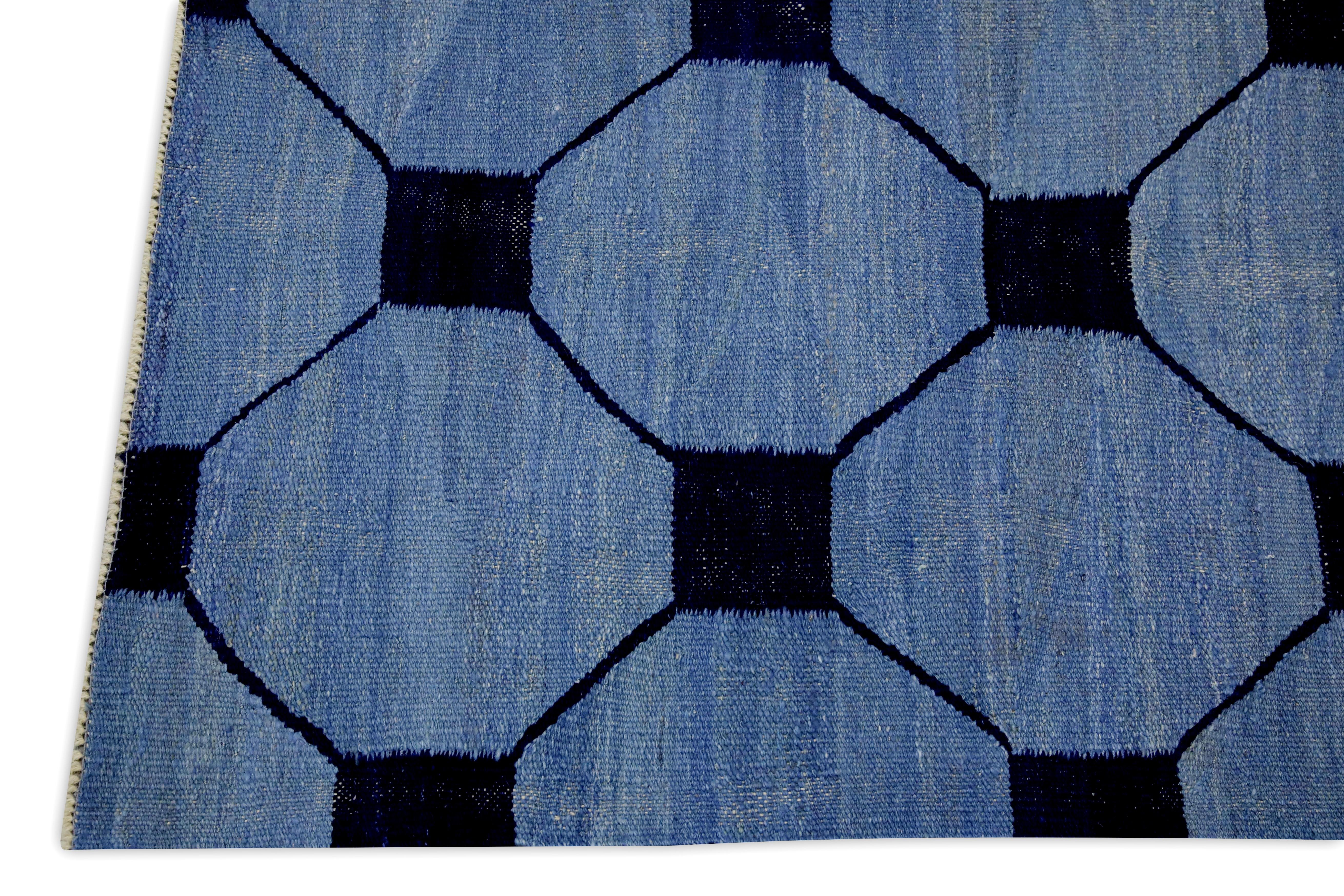 Kilim Blue and Navy Geometric Design Modern Flatweave Handmade Wool Rug 8'2