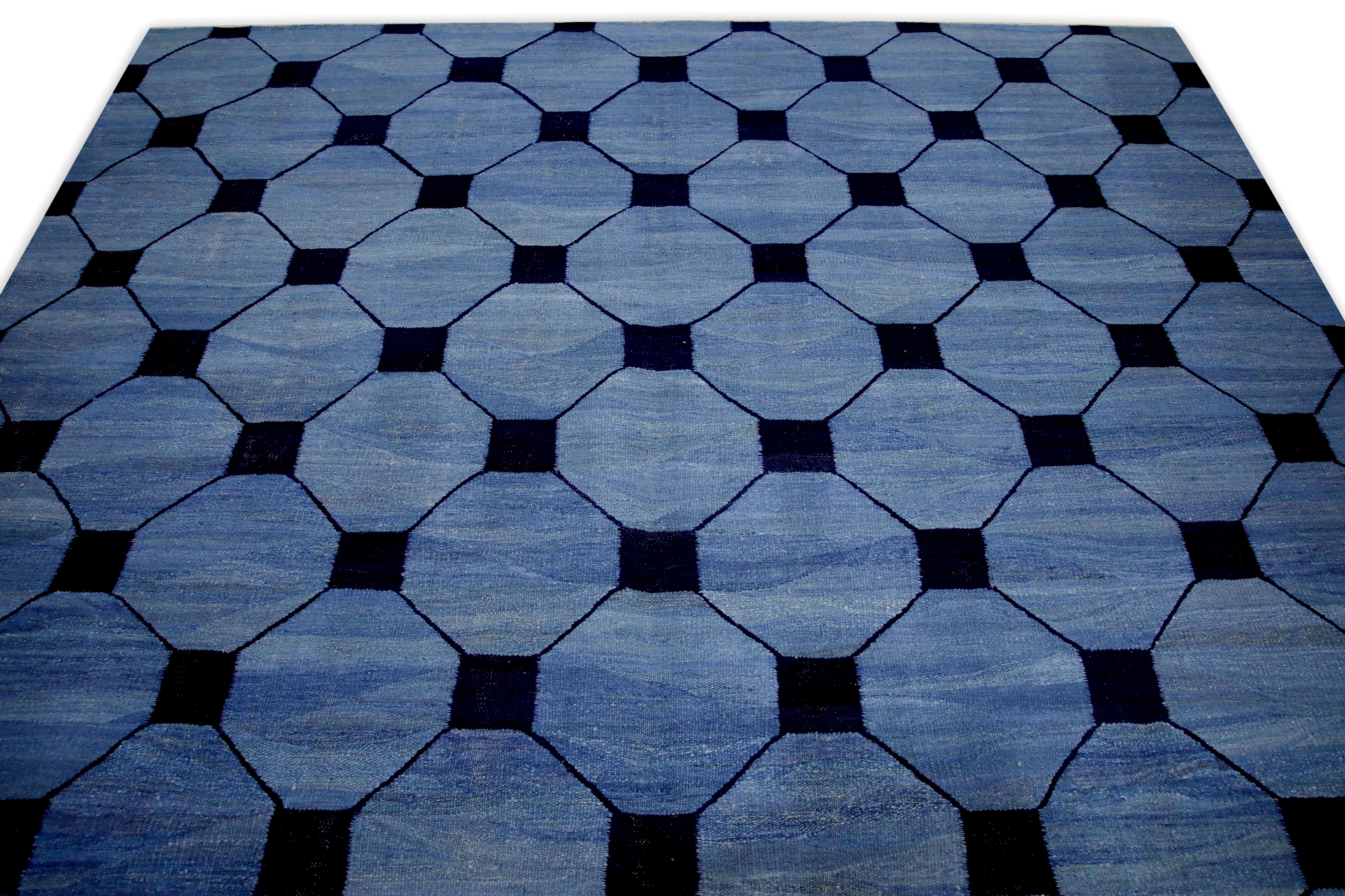 Turkish Blue and Navy Geometric Design Modern Flatweave Handmade Wool Rug 8'2