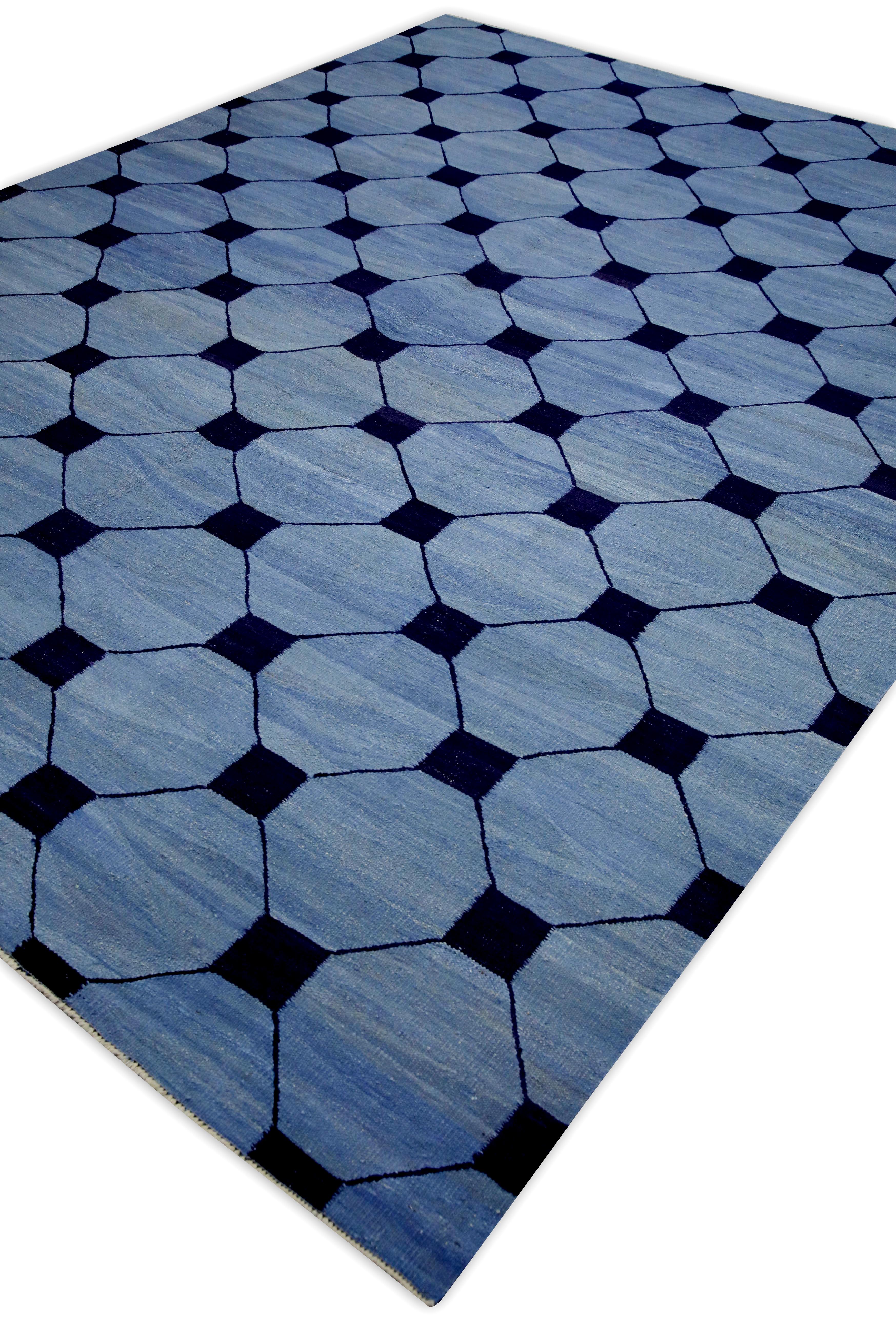 Vegetable Dyed Blue and Navy Geometric Design Modern Flatweave Handmade Wool Rug 8'2