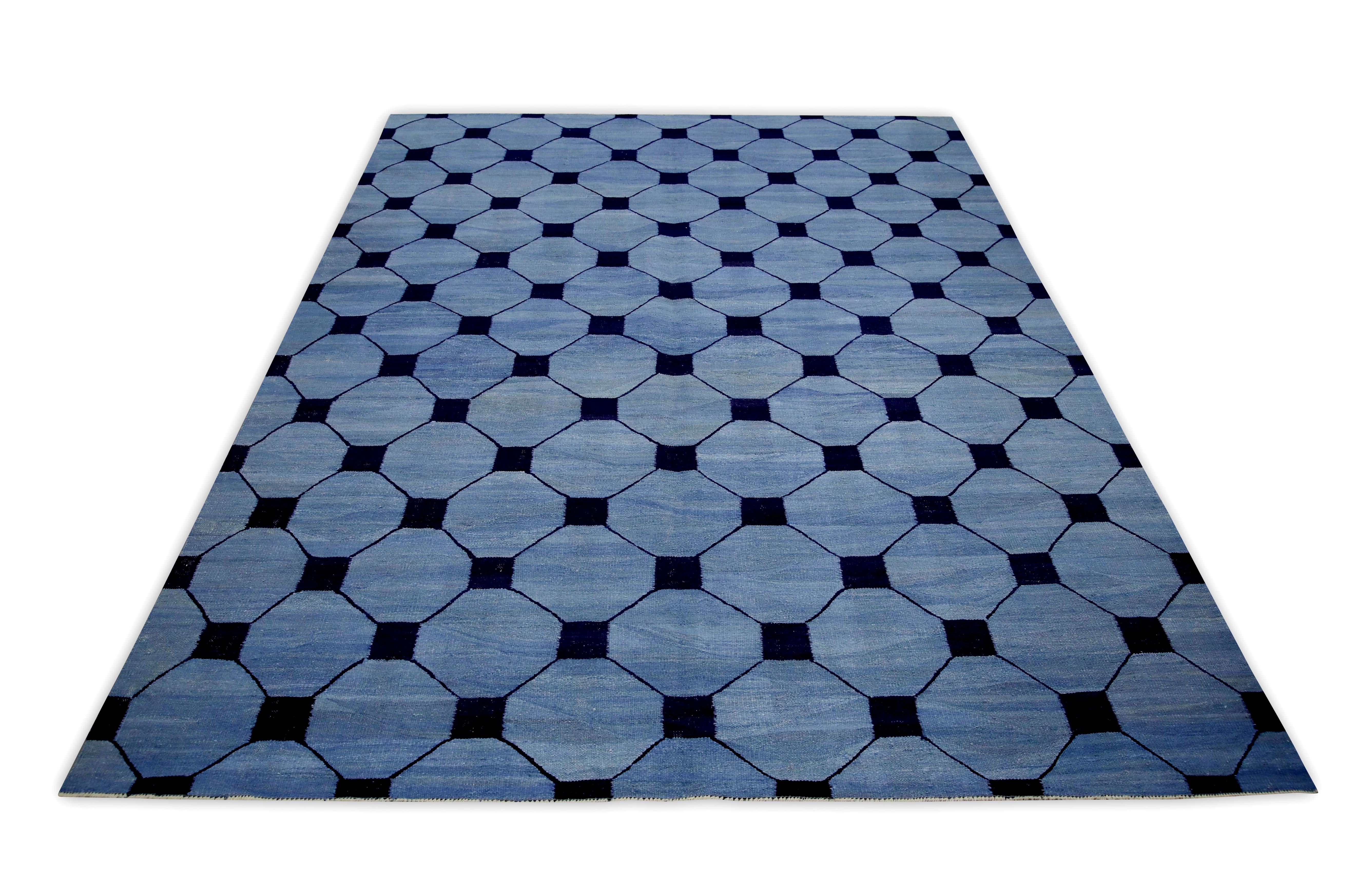 Blue and Navy Geometric Design Modern Flatweave Handmade Wool Rug 8'2