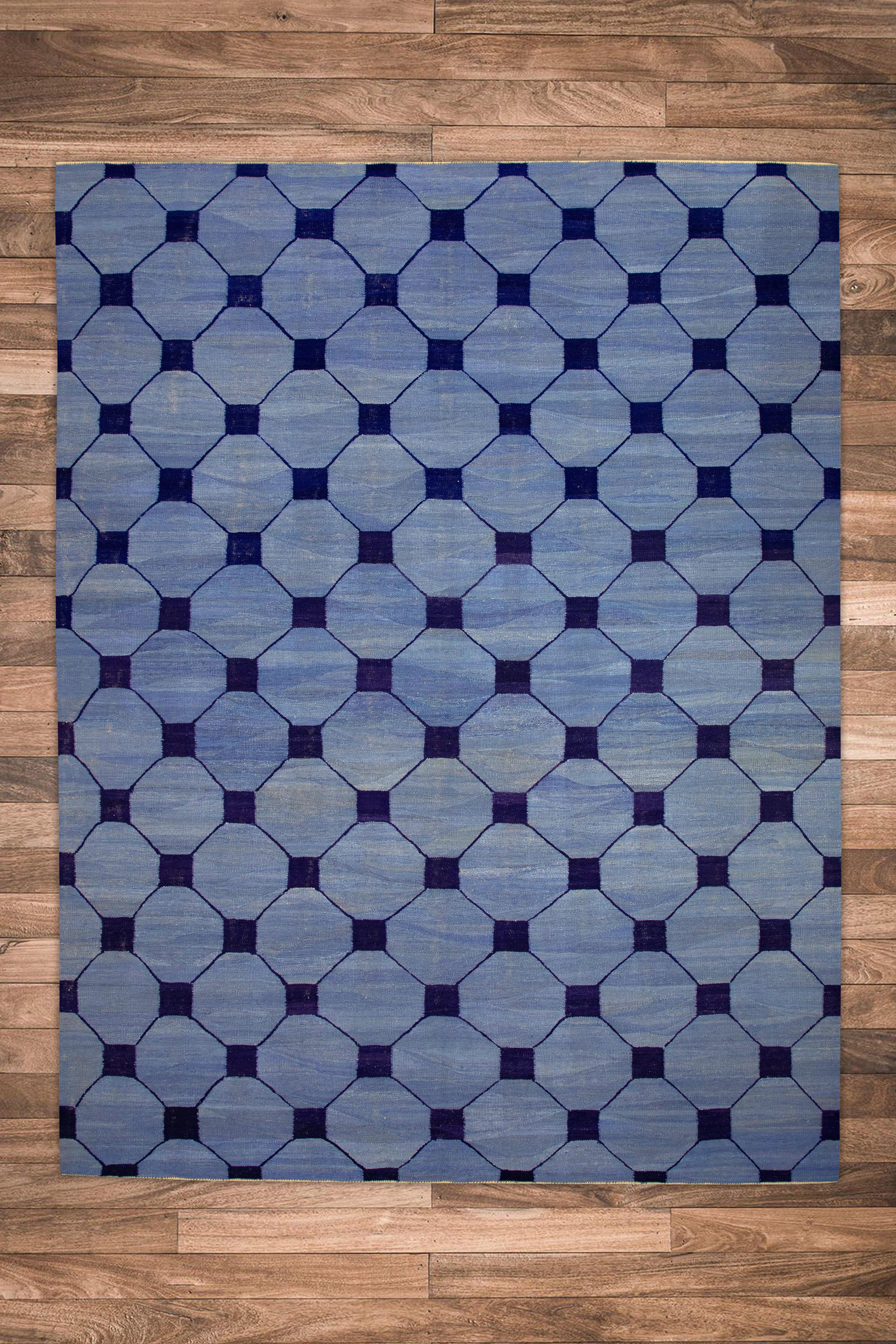 Contemporary Blue and Navy Geometric Design Modern Flatweave Handmade Wool Rug 8'2