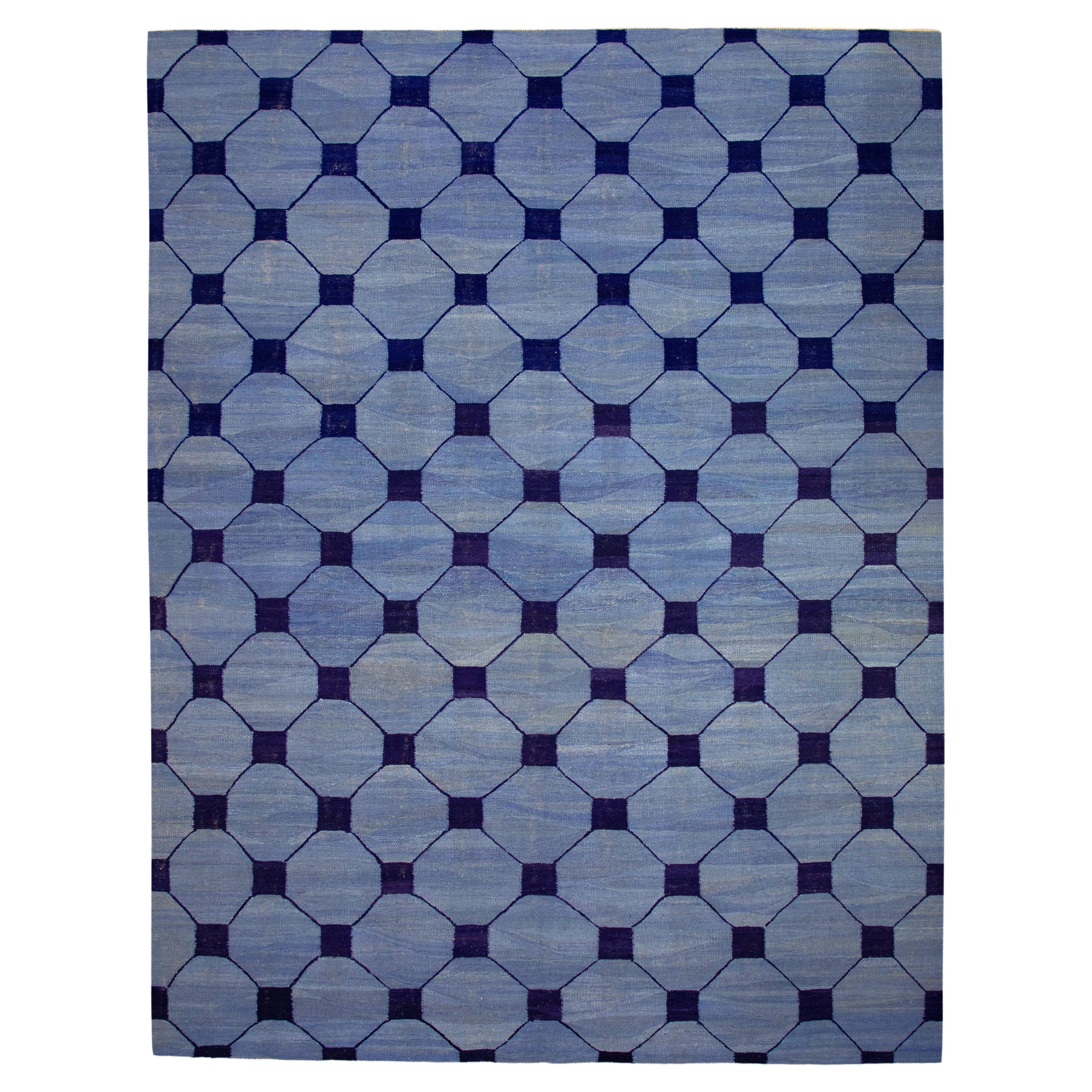 Blue and Navy Geometric Design Modern Flatweave Handmade Wool Rug 8'2" x 10'8"