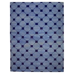 Blue and Navy Geometric Design Modern Flatweave Handmade Wool Rug 8'2" x 10'8"