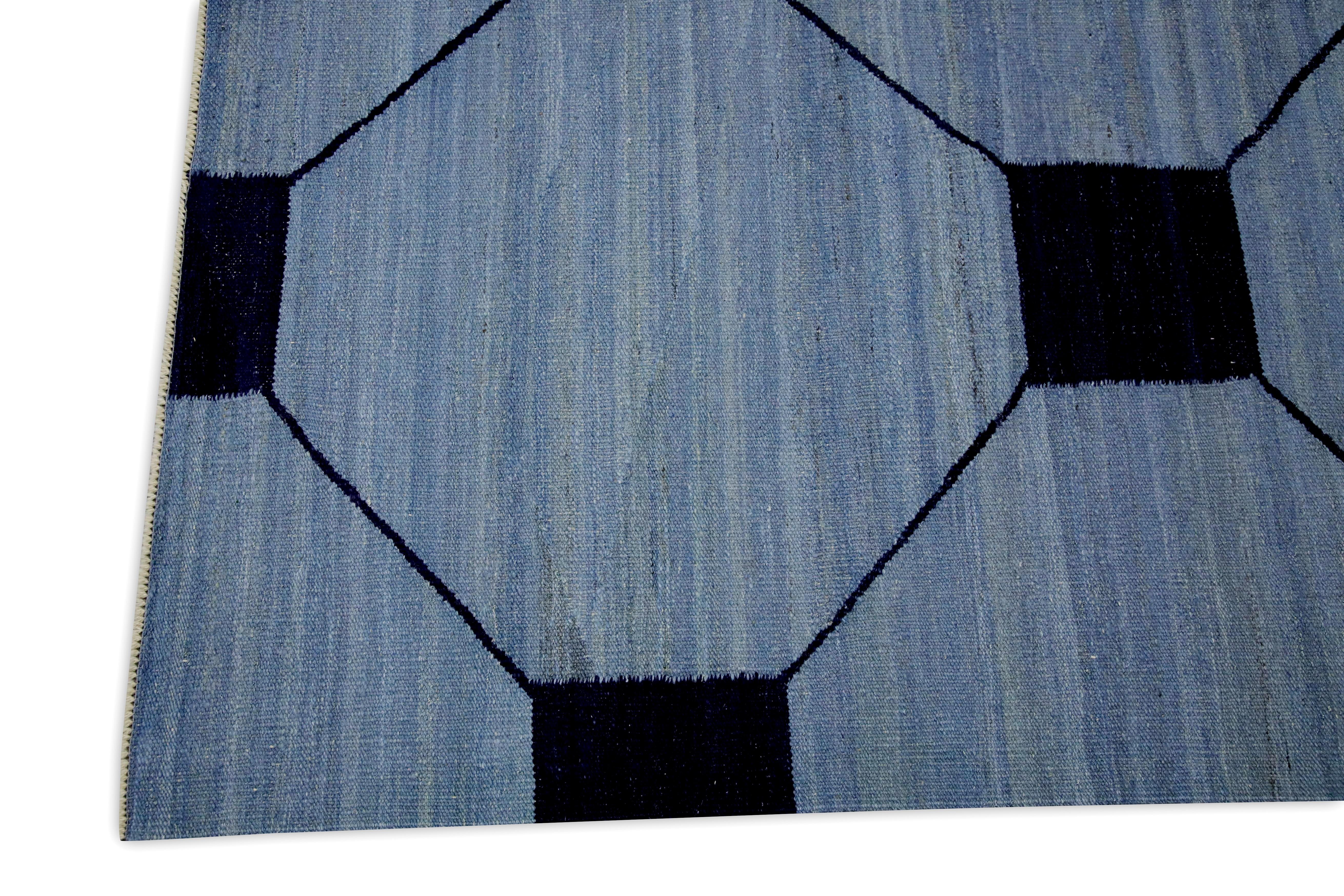 Kilim Blue and Navy Geometric Design Modern Flatweave Handmade Wool Rug 8'4