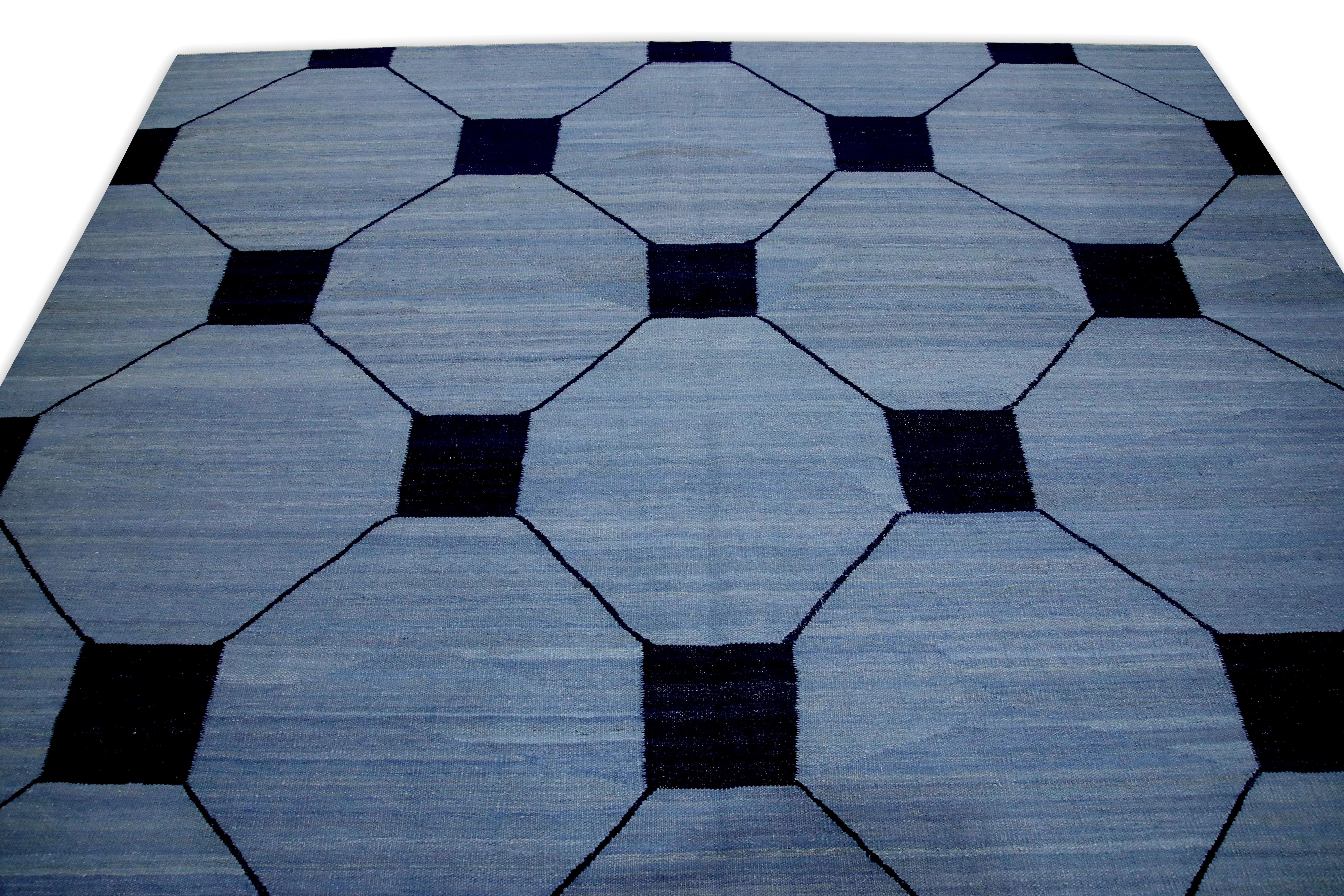 Turkish Blue and Navy Geometric Design Modern Flatweave Handmade Wool Rug 8'4