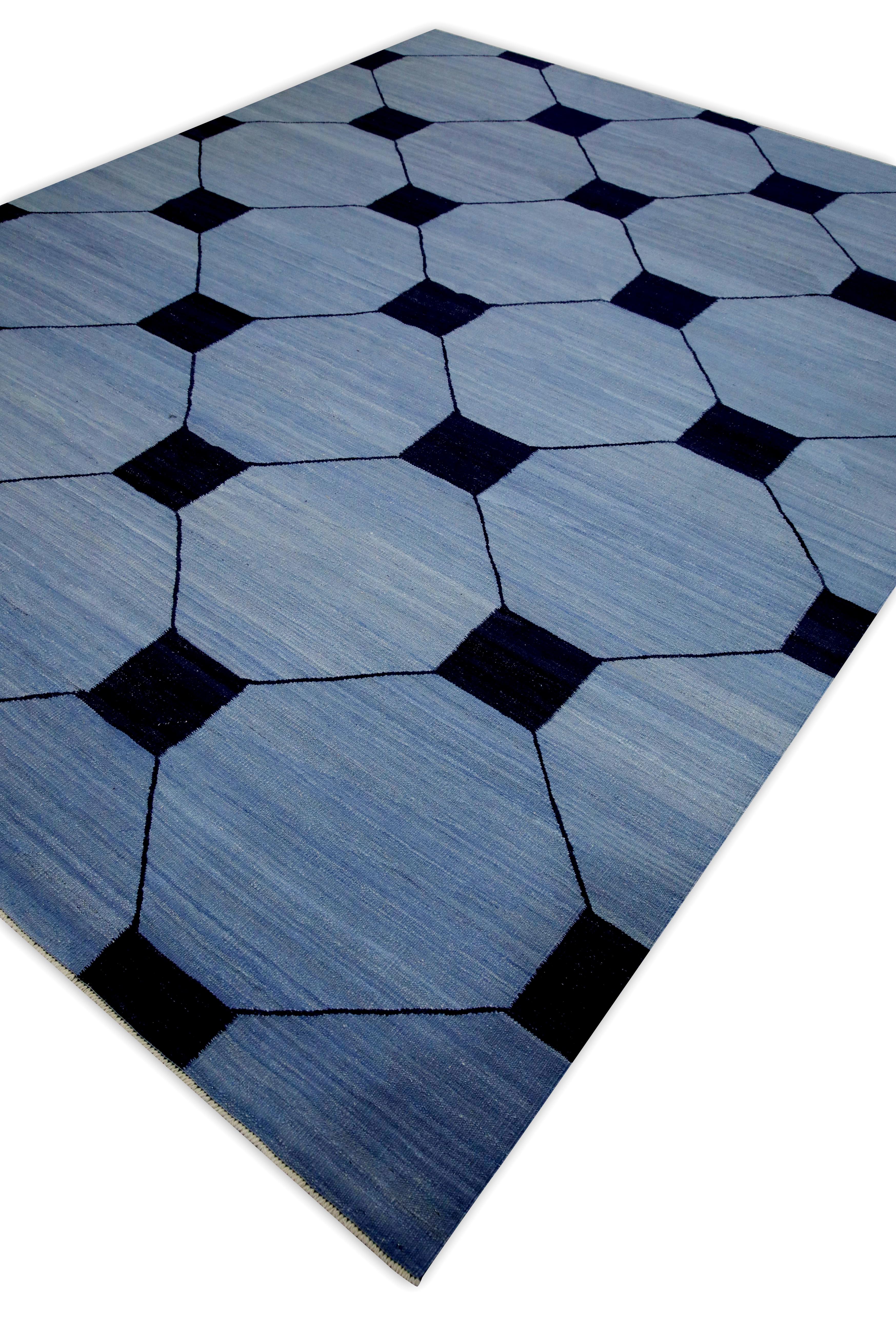 Vegetable Dyed Blue and Navy Geometric Design Modern Flatweave Handmade Wool Rug 8'4