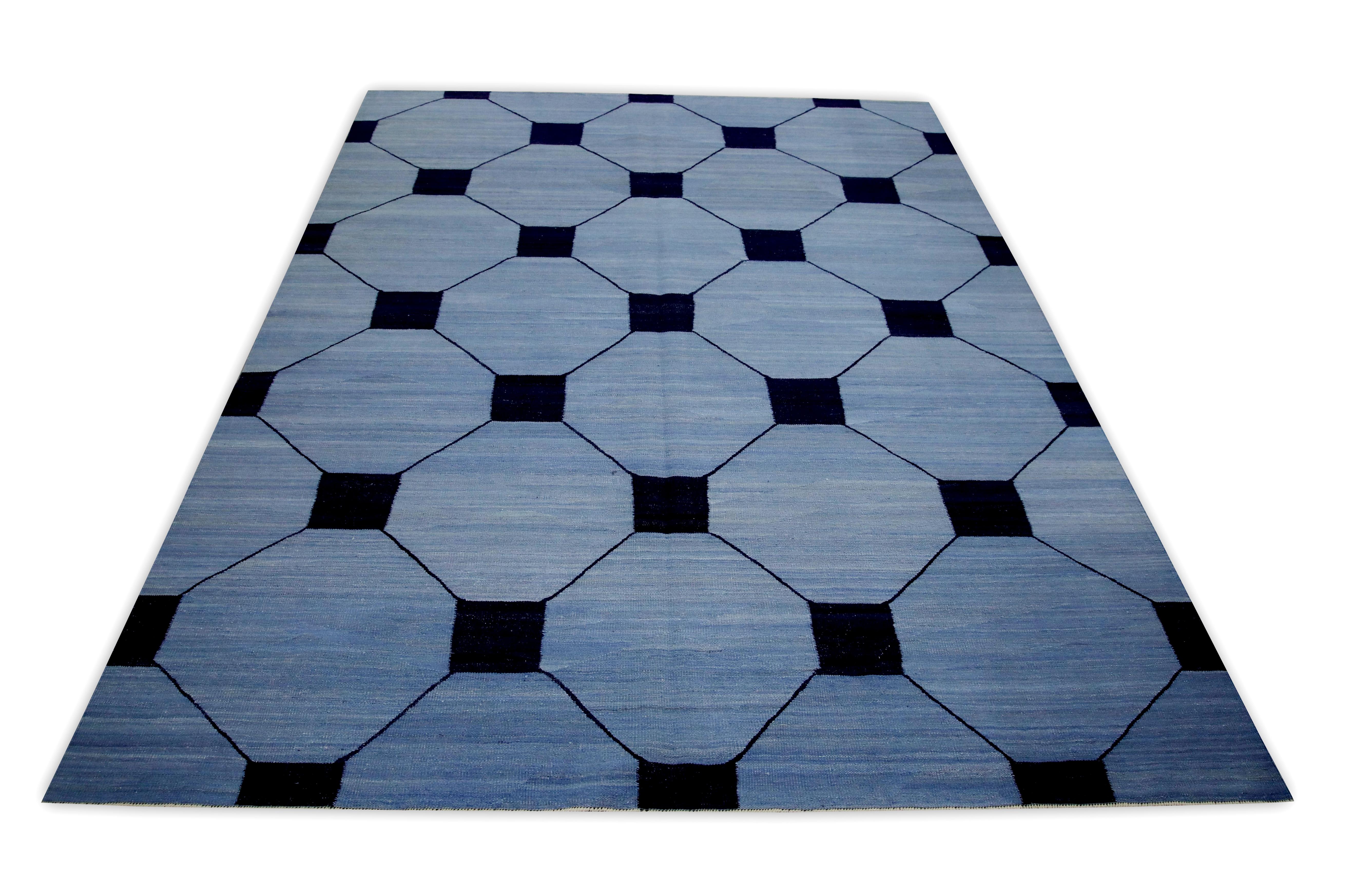 Blue and Navy Geometric Design Modern Flatweave Handmade Wool Rug 8'4