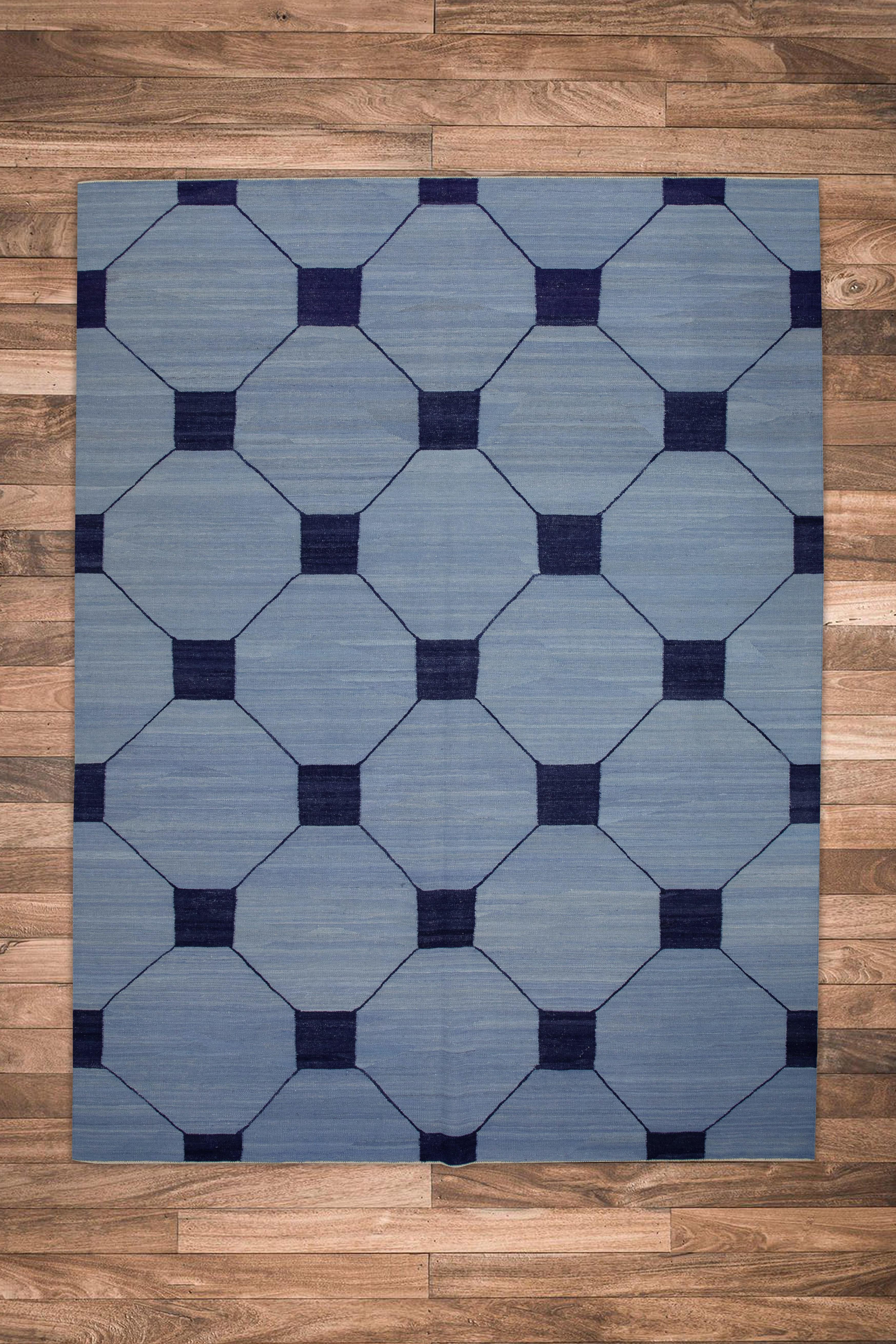 Contemporary Blue and Navy Geometric Design Modern Flatweave Handmade Wool Rug 8'4