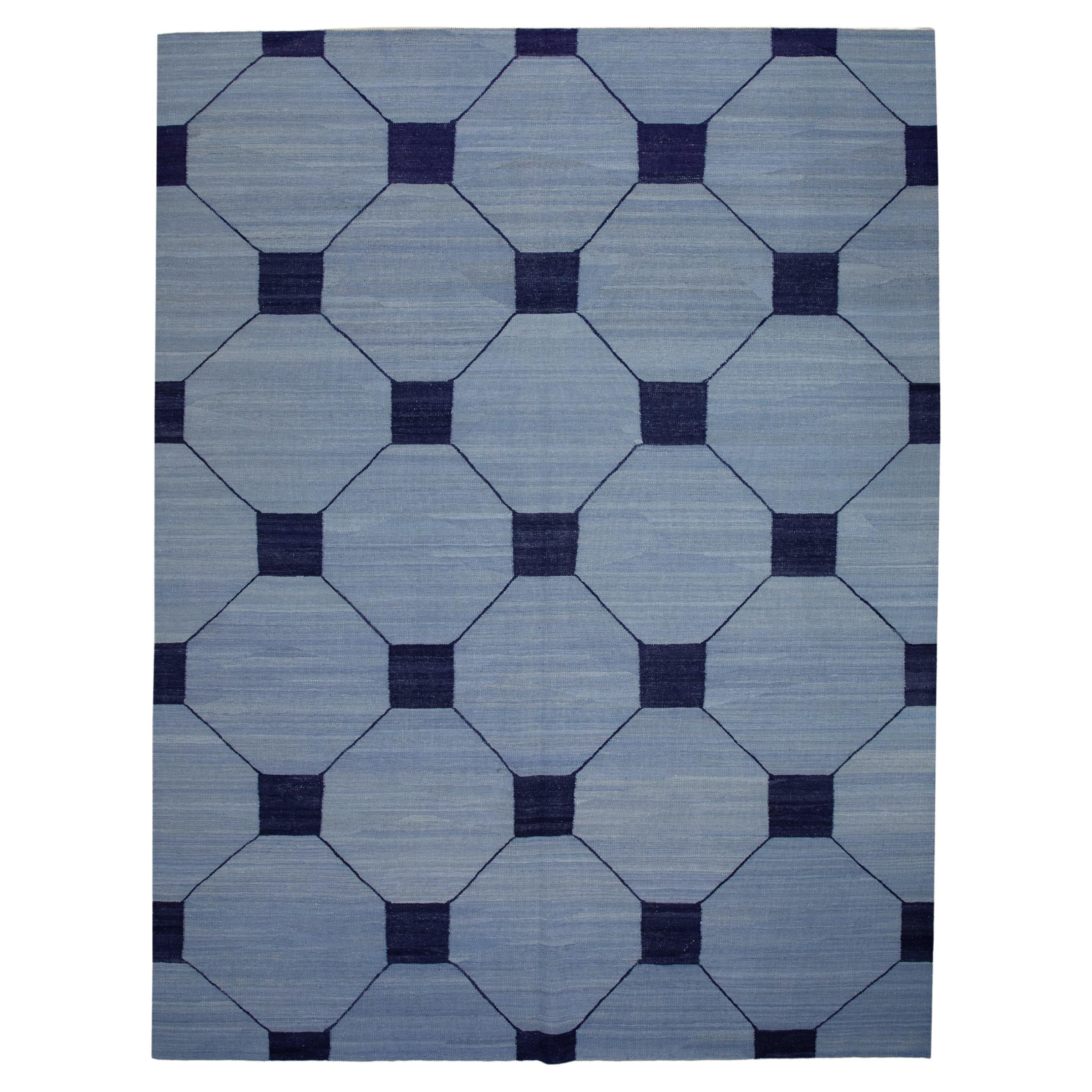 Blue and Navy Geometric Design Modern Flatweave Handmade Wool Rug 8'4" x 10'10"
