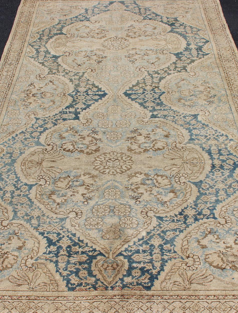 Blue and Brown Antique Persian Malayer Short Gallery Rug with Floral Medallions 1