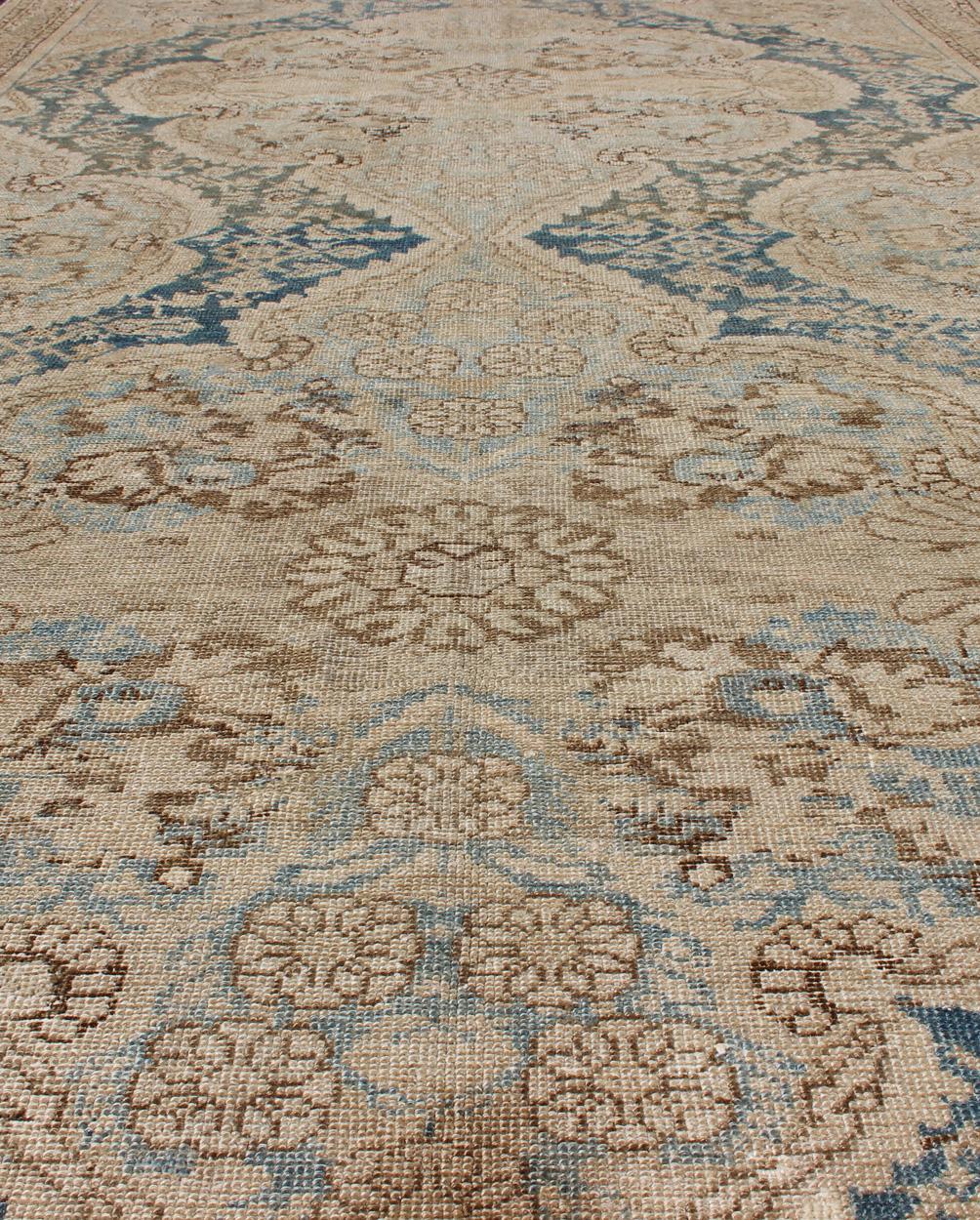 Blue and Brown Antique Persian Malayer Short Gallery Rug with Floral Medallions 2