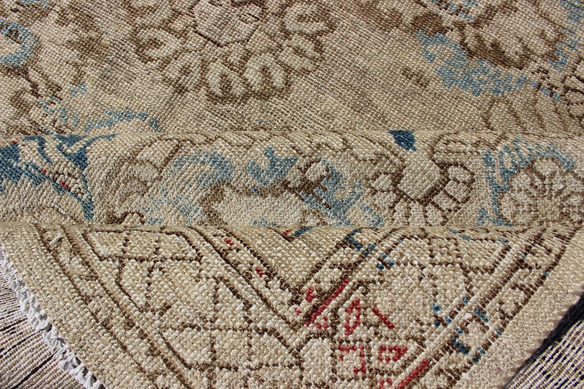 Tribal Blue and Brown Antique Persian Malayer Short Gallery Rug with Floral Medallions