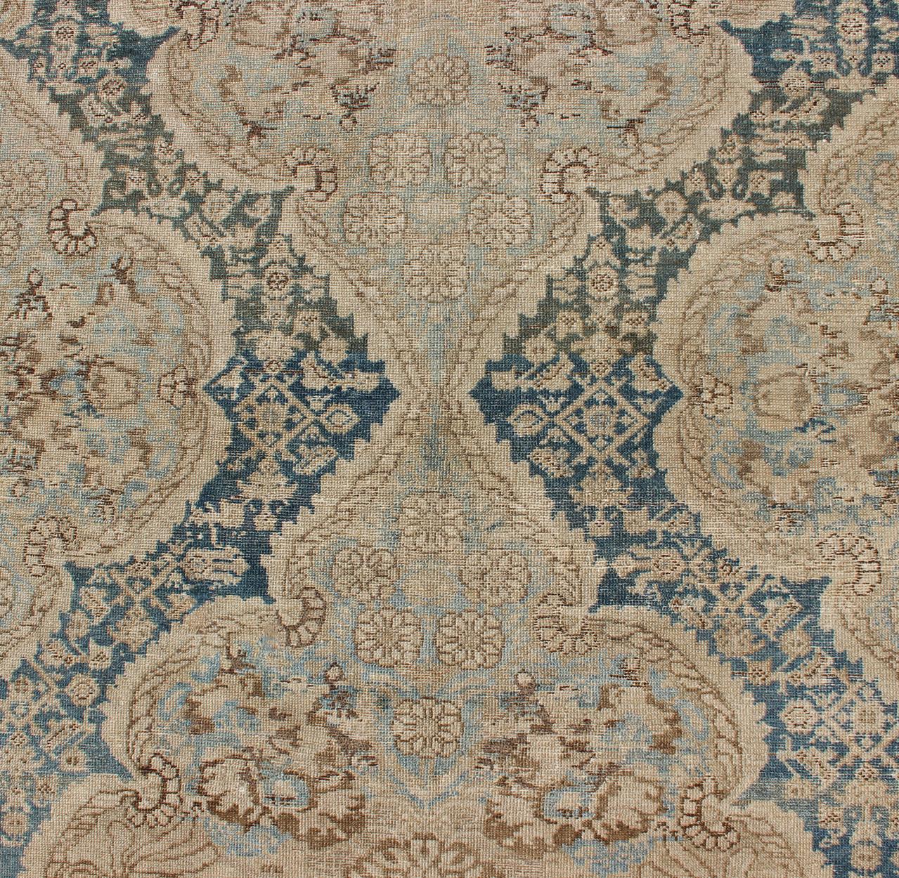 Hand-Knotted Blue and Brown Antique Persian Malayer Short Gallery Rug with Floral Medallions