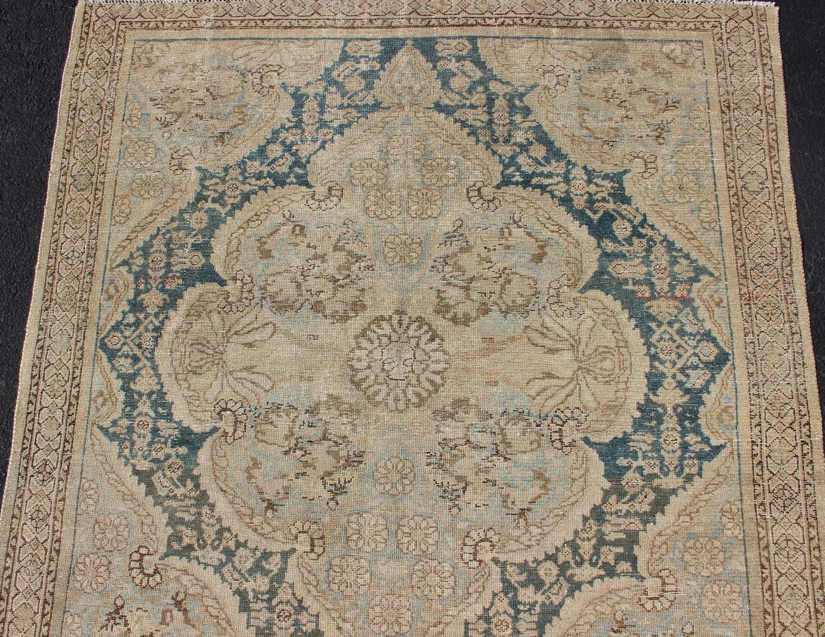 Blue and Brown Antique Persian Malayer Short Gallery Rug with Floral Medallions In Good Condition In Atlanta, GA
