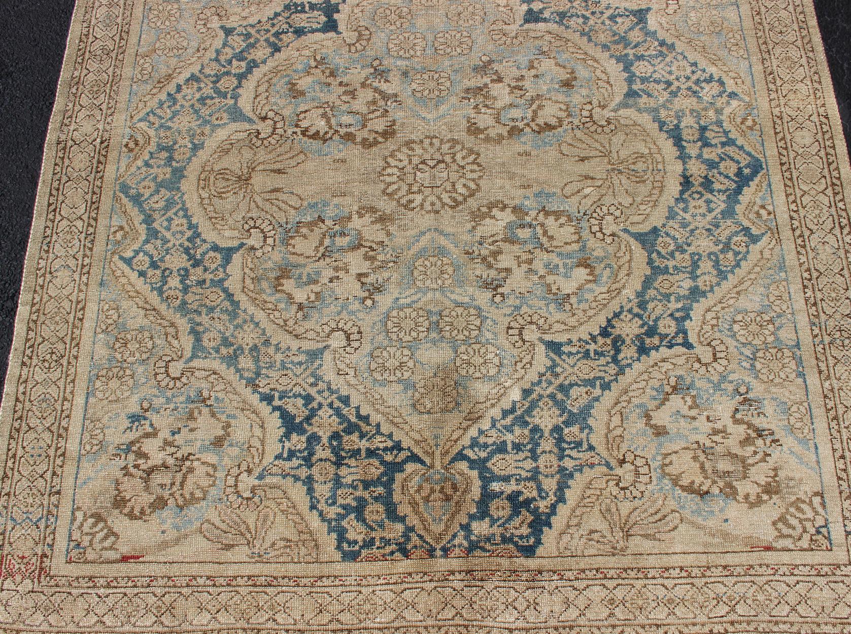 Early 20th Century Blue and Brown Antique Persian Malayer Short Gallery Rug with Floral Medallions