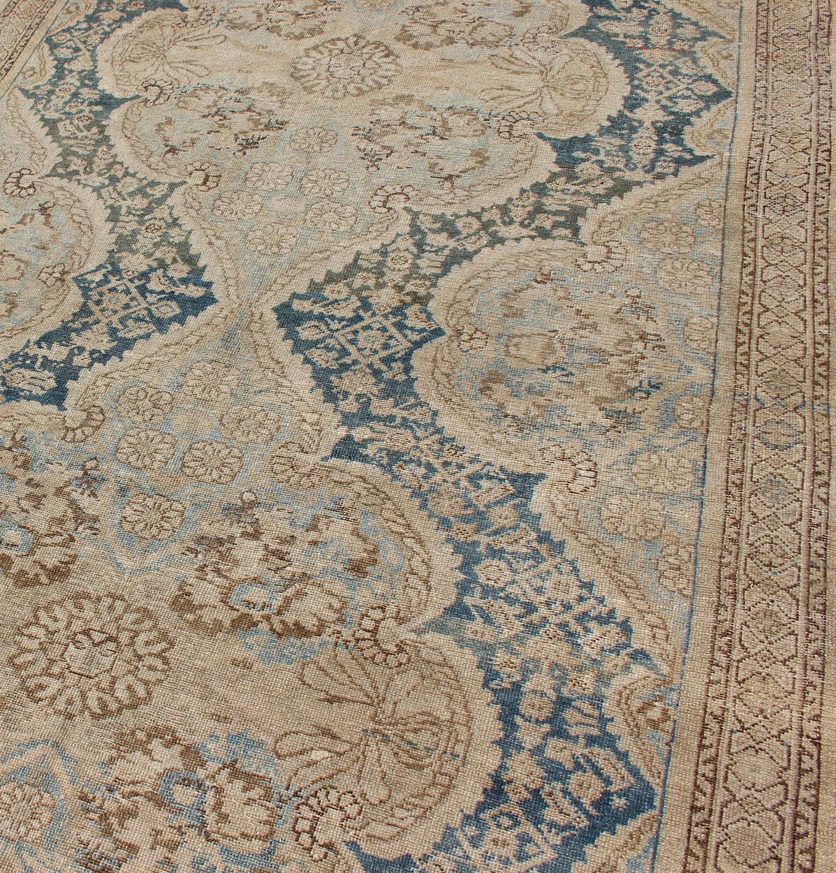 Wool Blue and Brown Antique Persian Malayer Short Gallery Rug with Floral Medallions