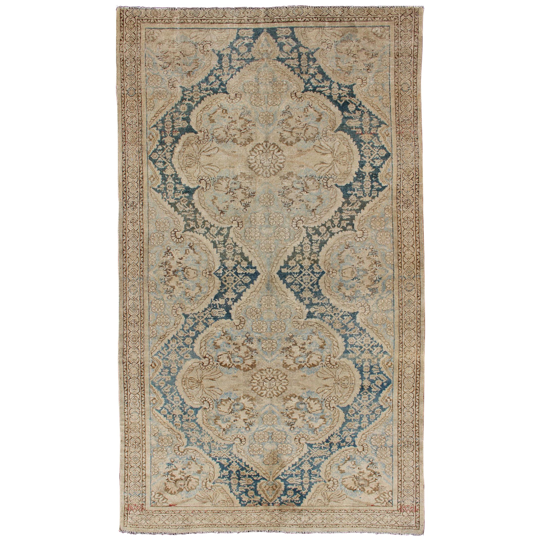 Blue and Brown Antique Persian Malayer Short Gallery Rug with Floral Medallions